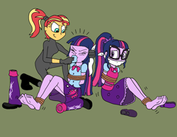 Size: 1528x1187 | Tagged: safe, artist:bugssonicx, imported from derpibooru, sci-twi, sunset shimmer, twilight sparkle, equestria girls, arm behind back, barefoot, bondage, bound and gagged, catsuit, cloth gag, clothes, eyes closed, feet, gag, gagging, help us, rope, rope bondage, shoes, sock gag, socks, stuffed gag, tied up, twolight