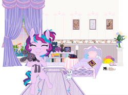 Size: 1372x1018 | Tagged: safe, artist:mana minori, imported from derpibooru, star dreams, bear, horse, pony, bed, book, curtains, cute, decor, female, filly, hug, pink, purple, room, toy, toyline