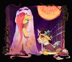 Size: 2048x1783 | Tagged: safe, artist:sadistjolt, imported from derpibooru, discord, fluttershy, draconequus, pegasus, pony, bandage, bipedal, clothes, costume, duo, female, full moon, ghost costume, halloween, halloween costume, holiday, male, moon, younger