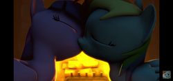 Size: 1520x720 | Tagged: safe, artist:argodaemon, imported from ponybooru, rainbow dash, twilight sparkle, alicorn, pegasus, pony, duo, duo female, eyes closed, female, fire, fireplace, kissing, lesbian, shipping, twidash, twilight sparkle (alicorn)