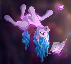 Size: 1024x922 | Tagged: safe, artist:rnghat, imported from derpibooru, izzy moonbow, pony, unicorn, book, cup, female, g5, glow, glowing horn, horn, levitation, magic, magic aura, mare, open mouth, open smile, self-levitation, smiling, solo, teacup, telekinesis, upside down