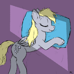 Size: 656x656 | Tagged: safe, artist:pinkchalk, derpy hooves, pegasus, pony, bed, cutie mark, dock, eyes closed, female, laying on bed, mare, on bed, pillow, signature, sleeping, smiling, solo