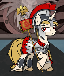 Size: 857x1024 | Tagged: safe, artist:uncreative, imported from derpibooru, oc, oc only, oc:regal inkwell, pony, unicorn, armor, clothes, costume, male, roman, smug, solo, spqr