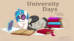 Size: 1024x576 | Tagged: safe, artist:kare-valgon, imported from derpibooru, dj pon-3, octavia melody, vinyl scratch, earth pony, pony, unicorn, fanfic:university days, book, drawing, fanfic, fanfic art, fanfic cover, fanfic in the source, female, lesbian, levitation, lying down, magic, mare, prone, scratchtavia, shipping, sleeping, sunglasses, telekinesis