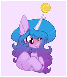 Size: 986x1129 | Tagged: safe, artist:krypticquartz, imported from derpibooru, izzy moonbow, pony, unicorn, spoiler:my little pony: a new generation, ball, blushing, bracelet, chest fluff, ear fluff, g5, izzy's tennis ball, jewelry, my little pony: a new generation, one eye closed, simple background, solo, tennis ball, tongue out, white background