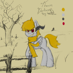 Size: 1000x1000 | Tagged: safe, artist:igorbanette, imported from derpibooru, oc, oc only, oc:thorn darkness, pegasus, pony, clothes, eye mist, fence, scarf, solo, tree