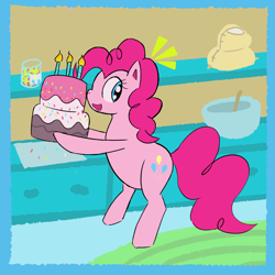 Size: 1200x1200 | Tagged: safe, artist:duckchip, imported from derpibooru, pinkie pie, earth pony, pony, bipedal, cake, candle, female, flour, food, kitchen, open mouth, solo, sprinkles, surprised