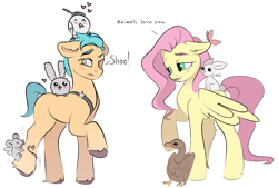 Size: 2712x1831 | Tagged: safe, artist:vetta, imported from derpibooru, angel bunny, fluttershy, hitch trailblazer, bird, butterfly, duck, earth pony, mouse, pegasus, pony, rabbit, spoiler:g5, spoiler:my little pony: a new generation, animal, blushing, critter magnet, cute, dialogue, duo, female, floppy ears, flutterhitch, g4, g4 to g5, g5, heart, high res, kenneth, looking at someone, male, mare, my little pony: a new generation, open mouth, raised hoof, shipping, simple background, sitting on head, stallion, standing, straight, the new fluttershy, unshorn fetlocks, white background, wings