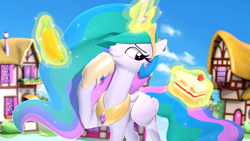 Size: 3840x2160 | Tagged: safe, artist:owlpirate, imported from derpibooru, princess celestia, alicorn, 3d, banana, bananalestia, cake, cakelestia, decision, do you like bananas?, food, glowing, glowing horn, herbivore, high res, hoof shoes, horn, ponyville, source filmmaker, that princess sure does love cake
