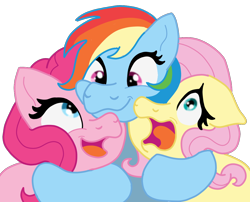 Size: 1072x866 | Tagged: safe, artist:doodledonutart, imported from derpibooru, fluttershy, pinkie pie, rainbow dash, earth pony, pegasus, pony, group, group hug, happy, hug, looking up, open mouth, screaming, simple background, transparent background