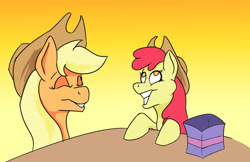 Size: 2782x1800 | Tagged: safe, artist:paleheart-arts, imported from derpibooru, apple bloom, applejack, earth pony, pony, applejack's hat, cowboy hat, female, filly, hat, hearth's warming eve, mare, missing freckles, present, siblings