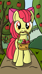 Size: 511x895 | Tagged: safe, artist:sirvalter, imported from derpibooru, apple bloom, earth pony, pony, apple, apple tree, basket, female, filly, food, orchard, tree