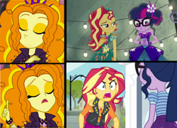 Size: 1784x1284 | Tagged: safe, imported from derpibooru, adagio dazzle, sci-twi, sunset shimmer, twilight sparkle, equestria girls, equestria girls series, forgotten friendship, legend of everfree, sunset's backstage pass!, text support, spoiler:eqg series (season 2), angry, furious, music festival outfit, op is a duck, rageset shimmer, shrunken pupils, smiling, smirk, smug, smugset shimmer, yelling