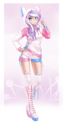 Size: 1308x2560 | Tagged: safe, artist:slackerburst, imported from derpibooru, diamond tiara, human, boots, cigarette, clothes, commission, hoodie, humanized, older, older diamond tiara, platform boots, shoes, shorts, smoking, solo, stockings, thigh highs