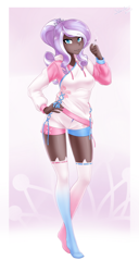 Size: 1308x2560 | Tagged: safe, alternate version, artist:slackerburst, imported from derpibooru, diamond tiara, human, alternate hairstyle, cigarette, clothes, commission, dark skin, hoodie, humanized, older, older diamond tiara, smoking, socks, solo, stocking feet, stockings, thigh highs