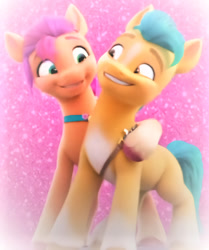 Size: 848x1016 | Tagged: safe, edit, edited screencap, imported from derpibooru, screencap, hitch trailblazer, sunny starscout, 3d, female, g5, hug, male, my little pony: a new generation, shipping, smiling, stallion, straight, sunnyhitch