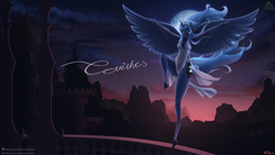 Size: 1500x844 | Tagged: safe, artist:terithes, imported from derpibooru, princess luna, anthro, unguligrade anthro, accessory, balcony, bracelet, breasts, busty princess luna, eyelashes, glowing cutie mark, hoof shoes, hooves, jewelry, large wings, legs, lidded eyes, lips, long legs, moon, moonrise, night, pose, side slit, sideboob, solo, spread wings, sunset, tail, thighs, tiara, total sideslit, underass, windswept mane, windswept tail, wings