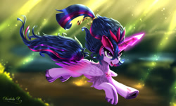 Size: 2000x1200 | Tagged: safe, artist:darksly, imported from derpibooru, twilight sparkle, alicorn, keldeo, pony, chest fluff, commission, flying, fusion, glowing, glowing horn, horn, mythical pokémon, open mouth, pokémon, twilight sparkle (alicorn), underhoof