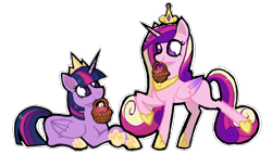 Size: 1745x981 | Tagged: safe, artist:ximsketchs, imported from derpibooru, princess cadance, twilight sparkle, alicorn, pony, basket, crown, duo, female, heart, hoof shoes, jewelry, lying down, mare, mouth hold, no pupils, prone, regalia, simple background, sisters-in-law, transparent background, twilight sparkle (alicorn)