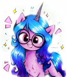 Size: 2215x2556 | Tagged: safe, artist:liaaqila, imported from derpibooru, izzy moonbow, pony, unicorn, spoiler:my little pony: a new generation, chest fluff, cute, emanata, female, g5, glasses, high res, izzybetes, liaaqila is trying to murder us, mare, my little pony: a new generation, open mouth, open smile, simple background, smiling, solo, sparkles, traditional art, white background