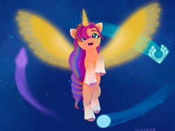 Size: 2048x1530 | Tagged: safe, artist:otkrams, imported from derpibooru, sunny starscout, alicorn, pony, spoiler:my little pony: a new generation, alicornified, earth pony crystal, g5, mane stripe sunny, my little pony: a new generation, pegasus crystal, princess sunny starscout, race swap, scene interpretation, solo, sunnycorn, unicorn crystal