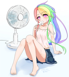 Size: 715x800 | Tagged: safe, artist:cz, imported from derpibooru, rainbow dash, human, anime style, barefoot, camisole, clothes, electric fan, fan, feet, food, humanized, legs, popsicle, schrödinger's pantsu, sexy, skirt, strap slip, stupid sexy rainbow dash, sweat, upskirt