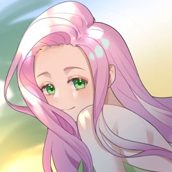 Size: 2362x2362 | Tagged: artist needed, source needed, safe, imported from derpibooru, fluttershy, human, beautiful, blushing, cute, female, high res, humanized, lidded eyes, looking at you, shyabetes, smiling, solo