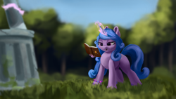Size: 4000x2250 | Tagged: safe, artist:flusanix, imported from derpibooru, izzy moonbow, lord tirek, pony, unicorn, spoiler:my little pony: a new generation, book, female, g5, glowing, glowing horn, grass, horn, implied cozy glow, implied queen chrysalis, magic, mare, my little pony: a new generation, solo focus, statue, tree
