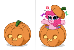 Size: 6183x4144 | Tagged: safe, artist:kittyrosie, imported from derpibooru, pinkie pie, earth pony, pony, absurd resolution, blushing, candy, cute, diapinkes, food, halloween, heart eyes, hiding, holiday, lollipop, open mouth, owo, pumpkin, simple background, solo, white background, wingding eyes