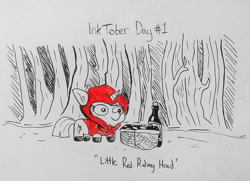 Size: 2041x1481 | Tagged: safe, artist:tjpones, imported from derpibooru, twilight sparkle, pony, unicorn, basket, clothes, female, filly, hood, inktober, inktober 2021, little red riding hood, monochrome, partial color, picnic basket, solo, traditional art, twiggie