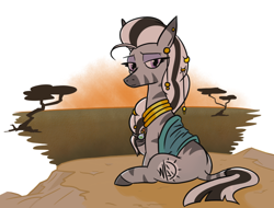 Size: 780x594 | Tagged: safe, artist:jargon scott, imported from derpibooru, oc, oc only, oc:matriarch zeg'us, pony, zebra, female, lidded eyes, looking at you, looking back, looking back at you, mare, sitting, solo, zebra oc