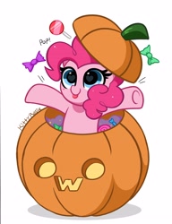 Size: 2942x3826 | Tagged: safe, alternate version, artist:kittyrosie, imported from derpibooru, pinkie pie, earth pony, pony, :p, blushing, candy, cute, diapinkes, female, food, halloween, heart eyes, hiding, high res, holiday, lollipop, mare, owo, pumpkin, simple background, smiling, solo, tongue out, white background, wingding eyes
