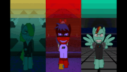Size: 1280x720 | Tagged: safe, imported from derpibooru, lightning dust, surprise, oc, oc:dr. atmosphere, pegasus, pony, fanfic:rainbow factory, animated, chaingun, clothes, darkness, evil, fading, fanfic art, game:scoot hard dx: daytime drama zero, glasses, insane face, lab coat, maimbow undash, multicolored hair, no sound, rainbow hair, uniform, webm