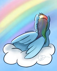 Size: 800x1000 | Tagged: safe, artist:kalabash92, imported from derpibooru, part of a set, rainbow dash, pegasus, pony, cloud, female, looking at something, looking away, lying down, lying on a cloud, mare, on a cloud, on side, rainbow, raised hoof, rear view, signature, solo, supporting head, wings
