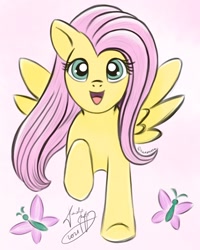 Size: 720x900 | Tagged: safe, artist:kalabash92, imported from derpibooru, part of a set, fluttershy, butterfly, pegasus, pony, cute, daaaaaaaaaaaw, excited, female, looking at you, mare, open mouth, raised hoof, shyabetes, signature, simple background, smiling, solo, spread wings, wings