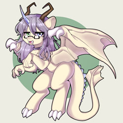 Size: 1326x1324 | Tagged: safe, artist:yaya, imported from derpibooru, oc, oc only, oc:sharlight twiler, dracony, dragon, hybrid, claws, crystal horn, dracony oc, female, glasses, horn, jewelry, looking at you, multicolored eyes, necklace, open mouth, purple mane, solo, wings