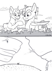 Size: 761x1050 | Tagged: safe, artist:tsitra360, imported from derpibooru, oc, oc:blazing cobalt, oc:brightmind, alicorn, human, pony, unicorn, city, hooves, macro, macro/micro, monochrome, plane, smug