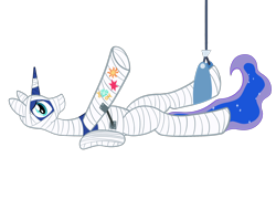 Size: 2048x1556 | Tagged: safe, alternate version, artist:wingcommanderrudoji, imported from derpibooru, princess luna, alicorn, pony, background removed, bed, body cast, broken bone, cast, cutie mark, hospital bed, implied princess cadance, implied princess celestia, implied twilight sparkle, injured, looking at you, medical bondage, parody, ponyville hospital, simple background, sling, solo, traction, transparent background