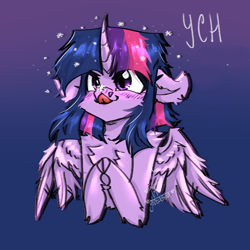 Size: 2000x2000 | Tagged: safe, artist:glotasha, imported from derpibooru, twilight sparkle, alicorn, pony, art, blushing, chest fluff, commission, cute, floppy ears, high res, illustration, snow, solo, twilight sparkle (alicorn), wings, your character here