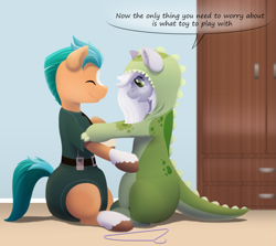 Size: 1145x1021 | Tagged: safe, artist:binkyroom, imported from derpibooru, hitch trailblazer, oc, oc:fossil fluster, earth pony, pony, adult foal, bedroom, commission, cute, diaper, diaper fetish, dressing up, eyes closed, fetish, g5, happy, hoof fluff, non-baby in diaper, onesie, smiling, text, wardrobe