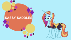 Size: 4400x2475 | Tagged: safe, artist:koolfrood, edit, editor:quoterific, imported from derpibooru, vector edit, sassy saddles, pony, unicorn, board, female, high res, mare, simple background, solo, text, vector, wallpaper