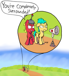 Size: 1802x1979 | Tagged: safe, artist:ebbysharp, imported from derpibooru, hitch trailblazer, sprout cloverleaf, earth pony, pony, spoiler:my little pony: a new generation, anti-mind reading cap, epic fail, fail, g5, hitch trailblazer is not amused, male, megaphone, my little pony: a new generation, scene interpretation, sprout is a goddamn moron, stallion