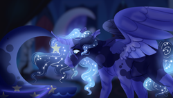 Size: 1024x576 | Tagged: safe, artist:cactiflowers, imported from derpibooru, princess luna, pony, alternate design, solo