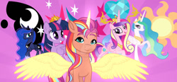 Size: 1024x474 | Tagged: safe, artist:velveagicsentryyt, imported from derpibooru, princess cadance, princess celestia, princess luna, sunny starscout, twilight sparkle, alicorn, pony, spoiler:my little pony: a new generation, alicorn tetrarchy, alicornified, g4, g4 and g5, g5, my little pony: a new generation, obtrusive watermark, race swap, sunnycorn, twilight sparkle (alicorn), watermark