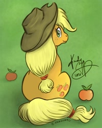 Size: 720x900 | Tagged: safe, artist:kalabash92, imported from derpibooru, part of a set, applejack, earth pony, pony, abstract background, apple, applejack's hat, cowboy hat, food, hat, looking at you, looking back, looking back at you, sitting, solo