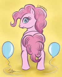 Size: 720x900 | Tagged: safe, artist:kalabash92, imported from derpibooru, part of a set, pinkie pie, earth pony, pony, abstract background, balloon, looking at you, looking back, looking back at you, rear view, solo