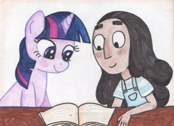 Size: 2560x1849 | Tagged: safe, artist:garrett-strangelove, imported from derpibooru, twilight sparkle, human, pony, unicorn, book, connie maheswaran, crossover, duo, human and pony, reading, steven universe, traditional art, unicorn twilight