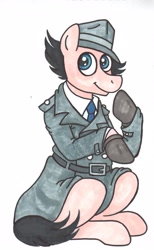 Size: 2109x3415 | Tagged: safe, artist:garrett-strangelove, imported from derpibooru, pony, clothes, don adams, hat, high res, hoof gloves, inspector gadget, necktie, ponified, sitting, solo, traditional art, trenchcoat