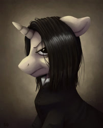 Size: 2080x2580 | Tagged: safe, artist:garrett-strangelove, imported from derpibooru, pony, unicorn, bust, clothes, harry potter (series), high res, male, ponified, portrait, profile, severus snape, solo, stallion, stern