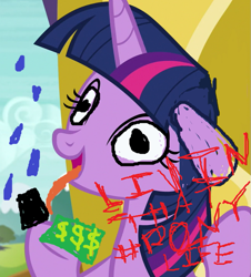 Size: 651x719 | Tagged: safe, edit, edited screencap, imported from derpibooru, screencap, twilight sparkle, 1000 hours in ms paint, album cover, hashtag, money, rain, text, tongue out, wide eyes